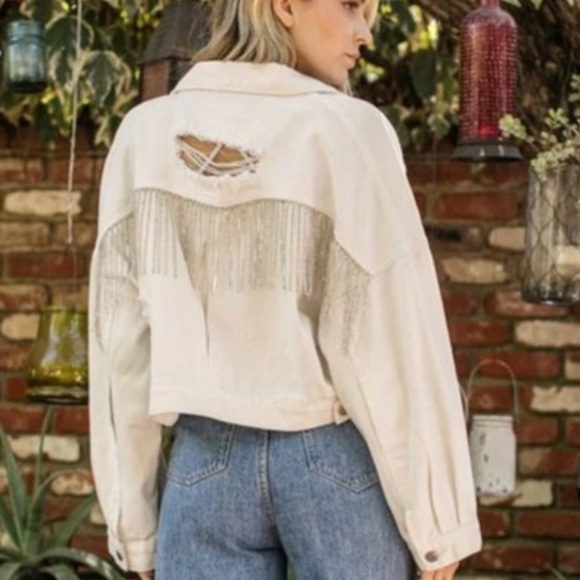 blue b Jackets & Blazers - Blue b white rhinestone fringe jean jacket